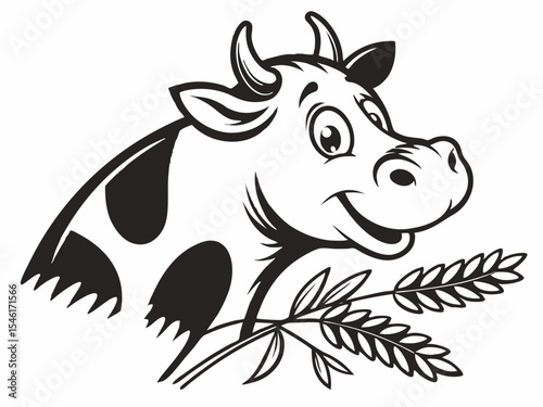 Happy Cow Head with Wheat Stalks V E C T O R Black and White Cartoon Illustration vector
