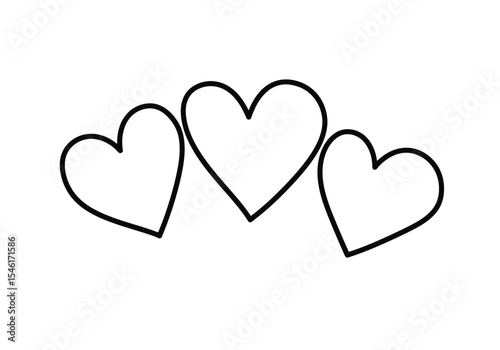 Three heart drawing. It is a simple black and white line drawing featuring three distinct hearts, symbolizing love, family, or friendship. Vector sketch line art draw.
