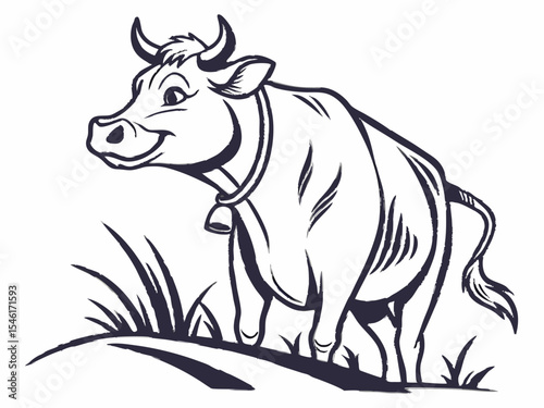 Happy Cow with Bell in Grass V E C T O R Logo Illustration Dark Gray on White Background bull cattle