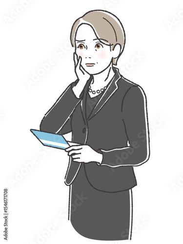 通帳をみて困った顔をしている喪服の女性