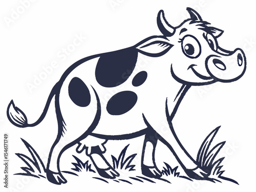 Happy Cartoon Cow with Dark Blue Spots Walking in Grass V E C T O R cow logo vector