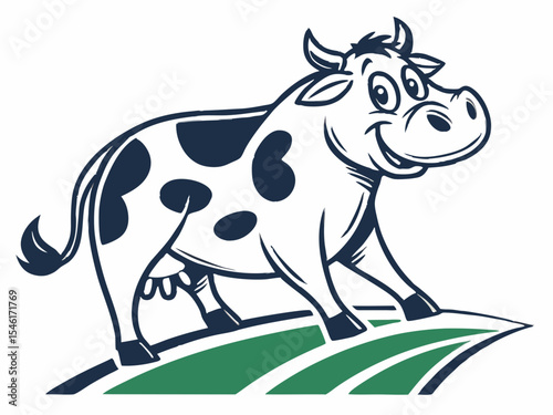 Happy Cartoon Cow with Dark Blue Spots Standing on Green Field V E C T O R animal farm