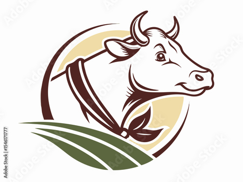 Brown Line Art Cow Head Logo on Beige Circle with Green Grass V E C T O R profile