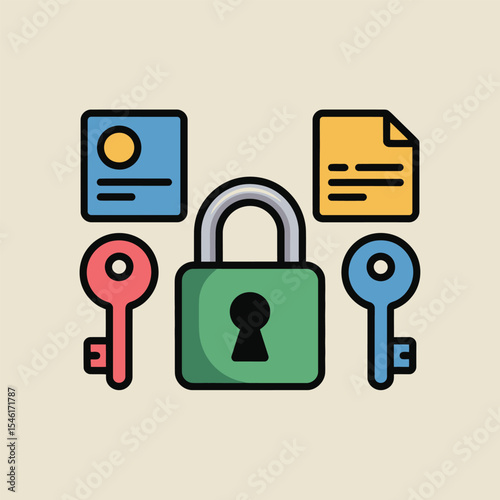 Green Padlock Two Keys I D Card Document Data Security Icon