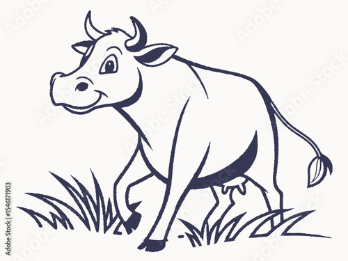 Happy Cow in Grass Vector Illustration Dark Blue Outline on White Background bull calf