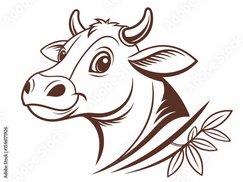 Brown Line Art Cow Head Logo with Leaves on White Background V E C T O R vector