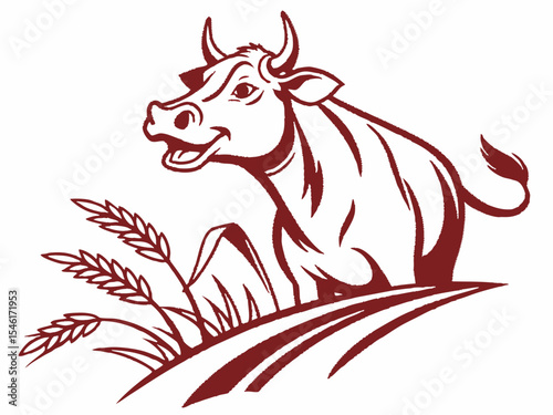 Brown Cow Logo with Wheat Stalks in Field V E C T O R Illustration on White Background bull cattle