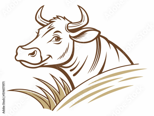 Brown Line Art Cow Head Logo with Beige Grass V E C T O R bull cattle