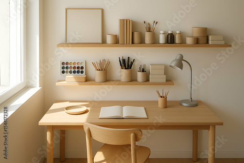 Wallpaper Mural Minimalist living for creators. A minimalist wooden desk setup with art supplies, open notebook, shelves, and a desk lamp by a large window in natural light. Torontodigital.ca