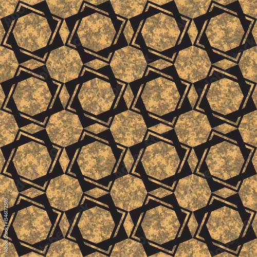 Vector seamless pattern of gold watercolor painted ornate mosaic on a black background