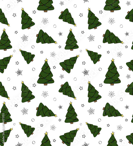 Christmas tree with snowflakes Seamless pattern. Vector graphic line ink illustration. Silhouette sign for logo, print, comics, fashion, pop art, boards, design, stickers, decoration, posters