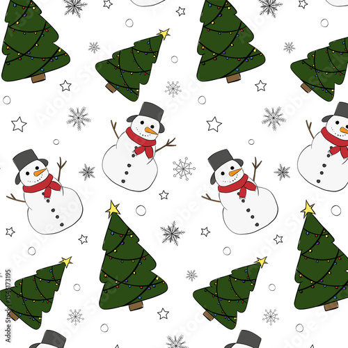 Snowflakes, snowman and Christmas trees Seamless pattern. Vector graphic line ink illustration. Festive Christmas texture for bedsheets, pajamas, wrapping papers.