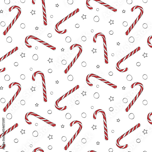 Christmas candy cane, swirl candy and snowflakes seamless pattern. Vector graphic line ink illustration. Holiday traditional peppermint backdrop. For logo, web, package, sticker.