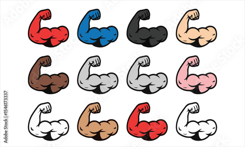Twelve biceps muscle arms in various colors