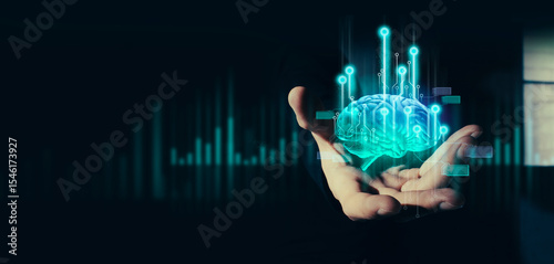 hand of businessman interactive touching a holographic of transaction financial network data system, concept of technology artificial intelligence with human user application