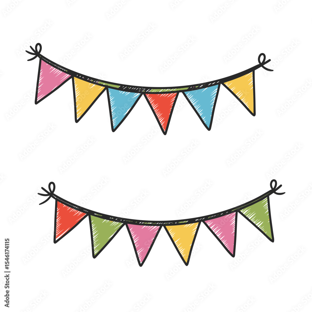 Fototapeta premium Festive Hand-Drawn Bunting Flags Illustration for Celebrations, Parties, and Decorative Designs. A Whimsical Vector Element for Joyful Occasions and Event Decor