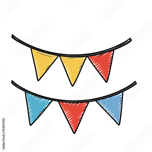 Colorful Hand-Drawn Party Flags Bunting Illustration, Perfect for Celebrations, Decoration, and Festive Event Designs, Highlighting Joy and Anniversary