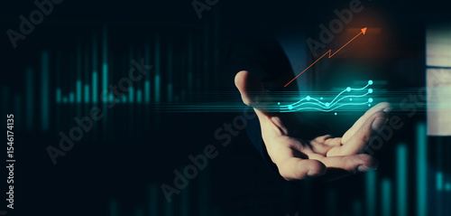 hand of businessman interactive touching a holographic of transaction financial network data system, concept of technology artificial intelligence with human user application