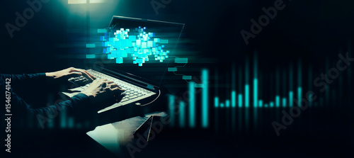 hand of businessman interactive touching a holographic of transaction financial network data system, concept of technology artificial intelligence with human user application