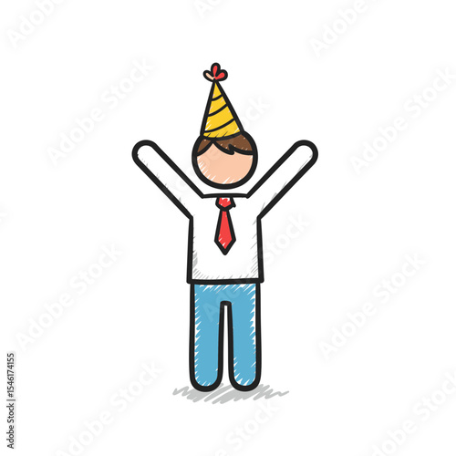 Hand Drawn Stick Figure Celebrating at a Party: A cheerful doodle style illustration of a stick figure wearing a party hat and tie, expressing joy with arms raised, isolated on white. Ideal for convey