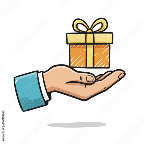 Hand Holding Gift Box, Illustration of Present on Palm, Festive Surprise for Celebration, Hand-Drawn Style, Offering Joy, Birthday, Holiday, Celebration Gift for Special Occasion