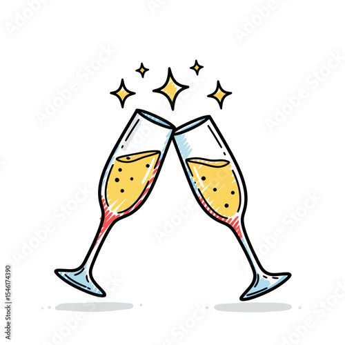 Hand-Drawn Champagne Flutes Clinking with Sparkling Stars, Festive Toast Celebration Vector Illustration for Party Invitation and New Year's Eve Designs