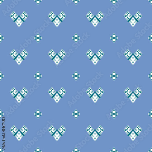 Ethnic pattern vector of white-green diamond shape on soft blue background. Geometric ethnic seamless. Concept of pastel, chevron, motifs, modern for wallpaper, paper print, textile texture, decor.
