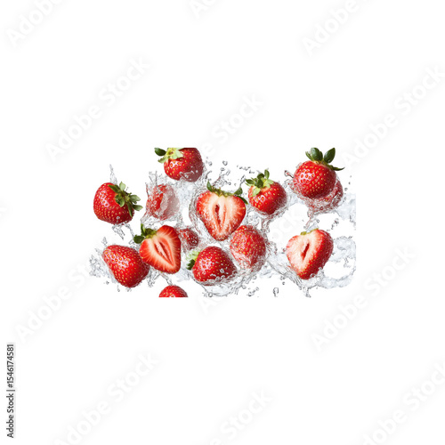 Fresh red strawberries splashing in clear water isolated on white background