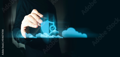 hand of businessman interactive touching a holographic of transaction financial network data system, concept of technology artificial intelligence with human user application