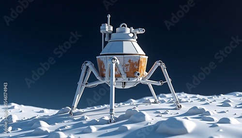 Spacecraft Landing on Lunar Surface with White Rocks and Dark Background