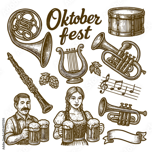 Vintage oktoberfest illustration with musicians and beer mugs in sepia  