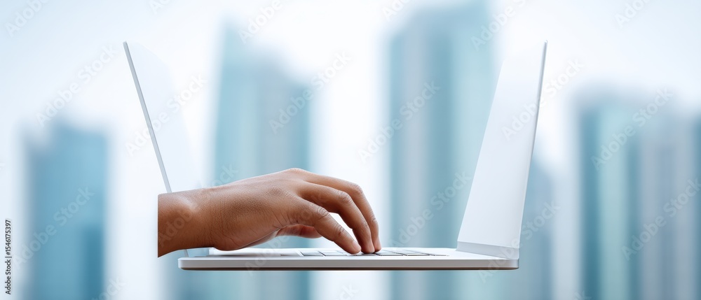 Obraz premium Typing on a laptop urban cityscape digital work environment remote productivity close-up view modern technology concept