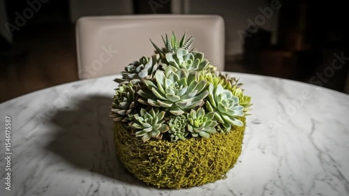 Succulent Arrangement in Moss Bowl on Marble Table