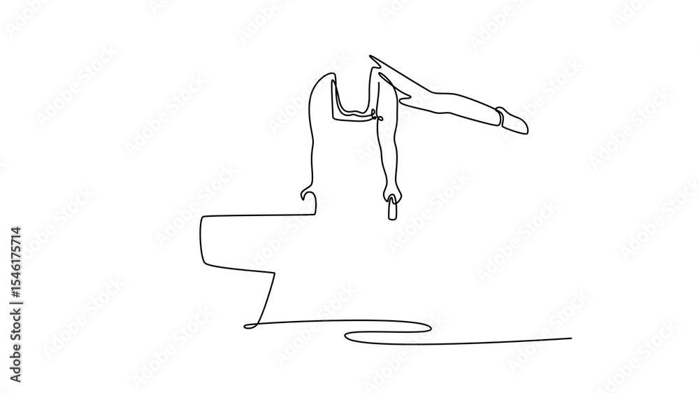Animated self drawing of continuous line draw athlete gymnast exercise pommel horse in championship gymnastics artistic, summer sport games. Perform acrobatic motion. Full length single line animation