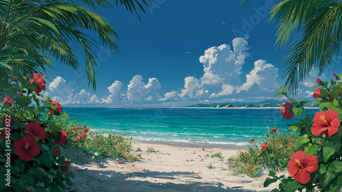 Beautiful tropical beach scene featuring hibiscus flowers palm trees and clear blue waters