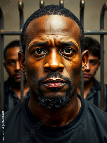Portrait of an african american prisioner with  penitentiary inmates behind him