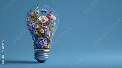 Eco friendly lightbulb with flowers blue background, renewable and sustainable energy