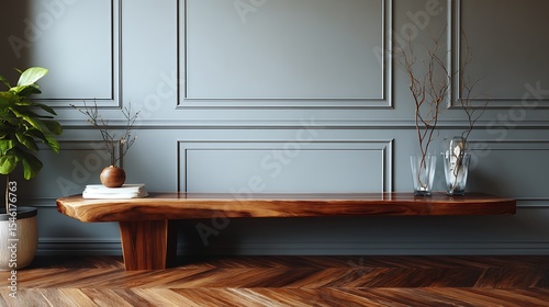 Elegant wooden dining table with minimalist decor in a modern interior setting