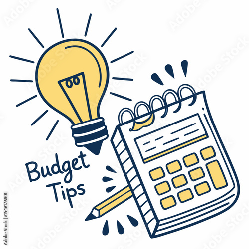 Light bulb and notebook with budget tips for financial planning  