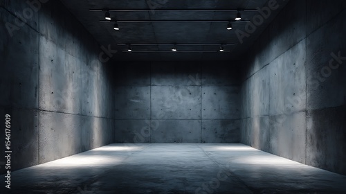 Empty room with concrete walls, dark interior with spotlights, industrial copy space