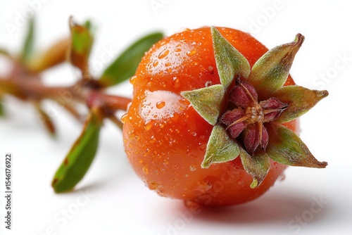 Close-up of ripe orange medlar fruit with water drops and star-shaped calyx