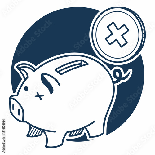 Piggy bank with coin and cross symbol on circular background  
