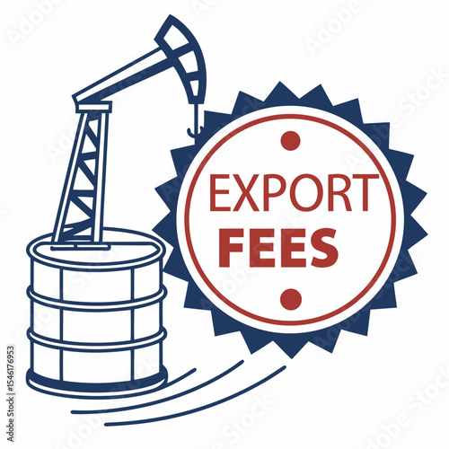 Oil barrel with pump and export fees label in blue and red design  