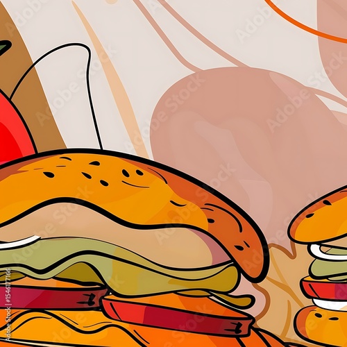 Vibrant burger art composition, playful design and colorful food illustration