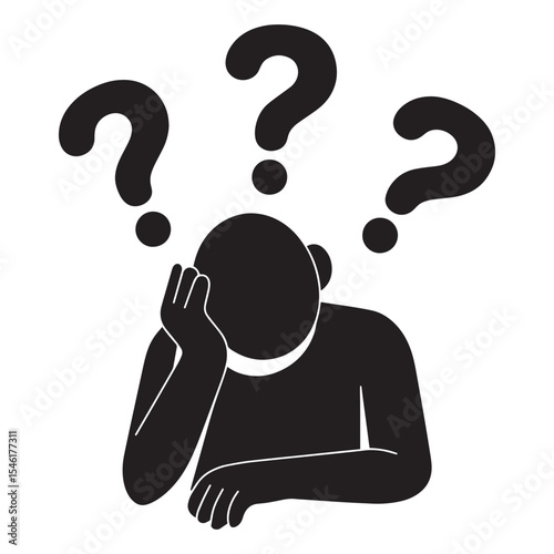 A Silhouette of Overwhelmed Person Contemplating Difficult Questions, Surrounded by Question Marks, Expressing Confusion and Introspection in a Stark Black and White Design