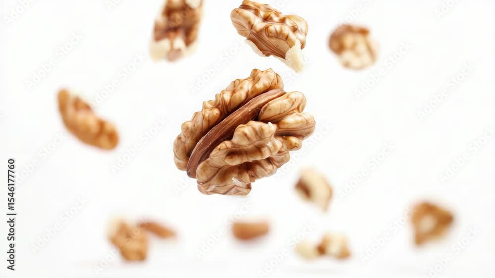 A group of walnuts suspended in mid-air, captured in a split second