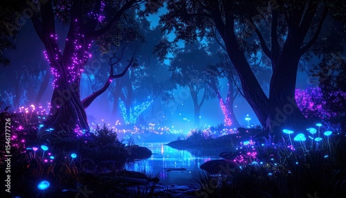 Enchanted Glowing Forest with Neon Mushrooms – Surreal Bioluminescent Landscape in Fantasy Dreamscape Style