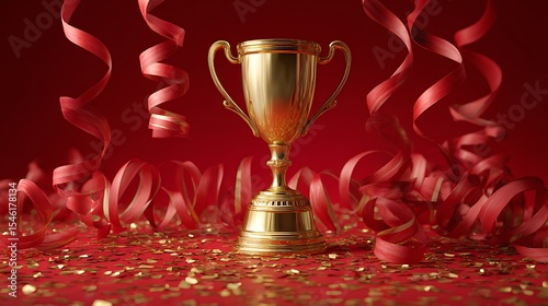 Golden trophy and streamers, business and competition concept, blue background