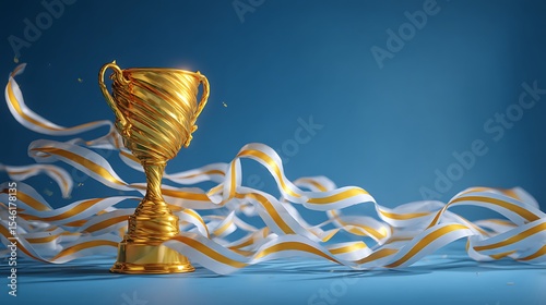 Golden trophy and streamers, business and competition concept, blue background