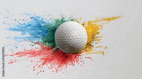 Golf sport ball colorful splash art on white background, vertical, tournament poster